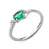 Miore Jewelry Anillo de compromiso para mujer de 0,03 quilates con esmeralda verde y 8 diamantes, oro blanco brillante, solitario de diamantes y gema de 9 quilates (375) de oro