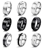 LOLIAS 9 Piezas Anillos Hombre Acero Inoxidable Plata Negro Acabado Mate Anillo Banda Pulido Abrebotellas Anillos Alianzas Boda Anillo Compromiso Vintage Fidget Anillo para Hombre Mujere