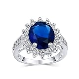 Bling Jewelry Anillo De Compromiso De Zafiro Simulado Con Halo De Corona De CZ Azul Real Tradicional Clásico Personalizable De 5 Quilates Con Piedras Laterales Para Mujeres Plateado