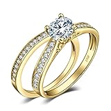 JewelryPalace Solitario Anillo Mujer Plata de Ley 925 Oro 14k, Anillo Compromiso 1ct Circonita Corte Redonda Diamante Simulado, Banda de Boda Media Eternidad Piedra, Anillo Promesa Conjunto Novia 18